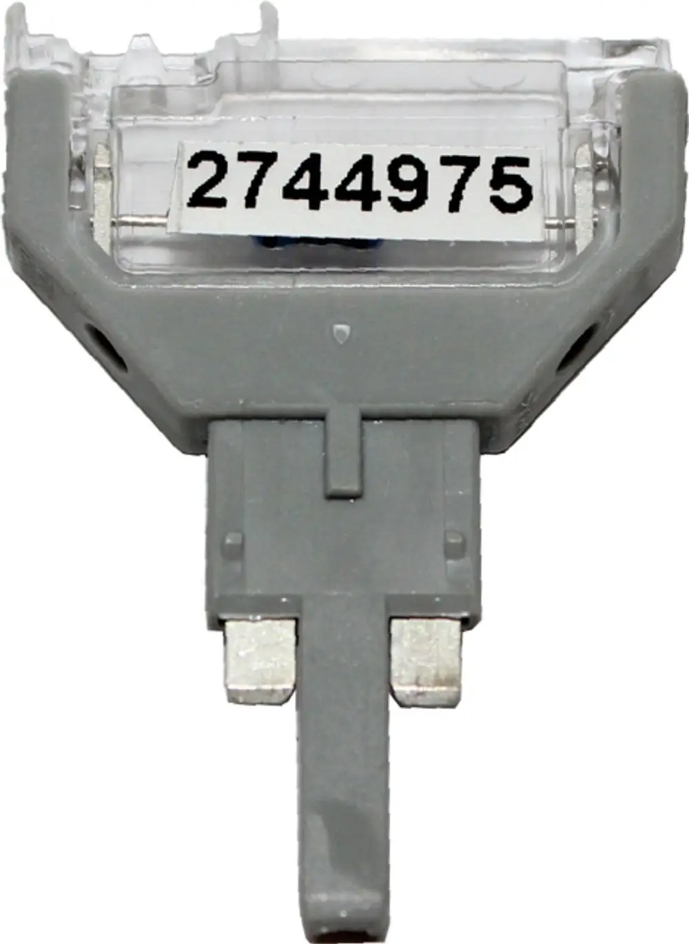Parameterstecker in grauer Farbgebung mit zwei metallischen Kontakten, verwendet in Wolf-Produkten zur Parametrierung. Klare, funktionale Bauform ohne zusätzliche Beschriftungen.